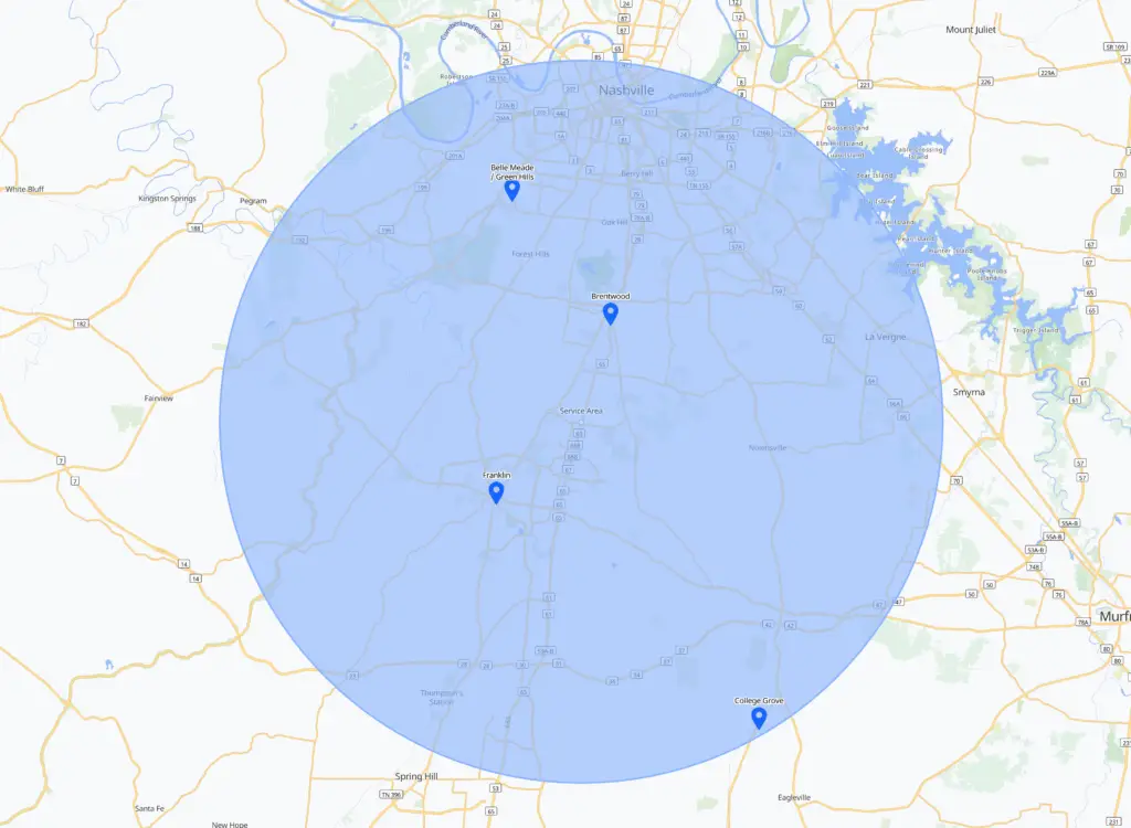 Map showing service area for Longitude Health, highlighting Brentwood and Franklin locations with blue markers and circular coverage.